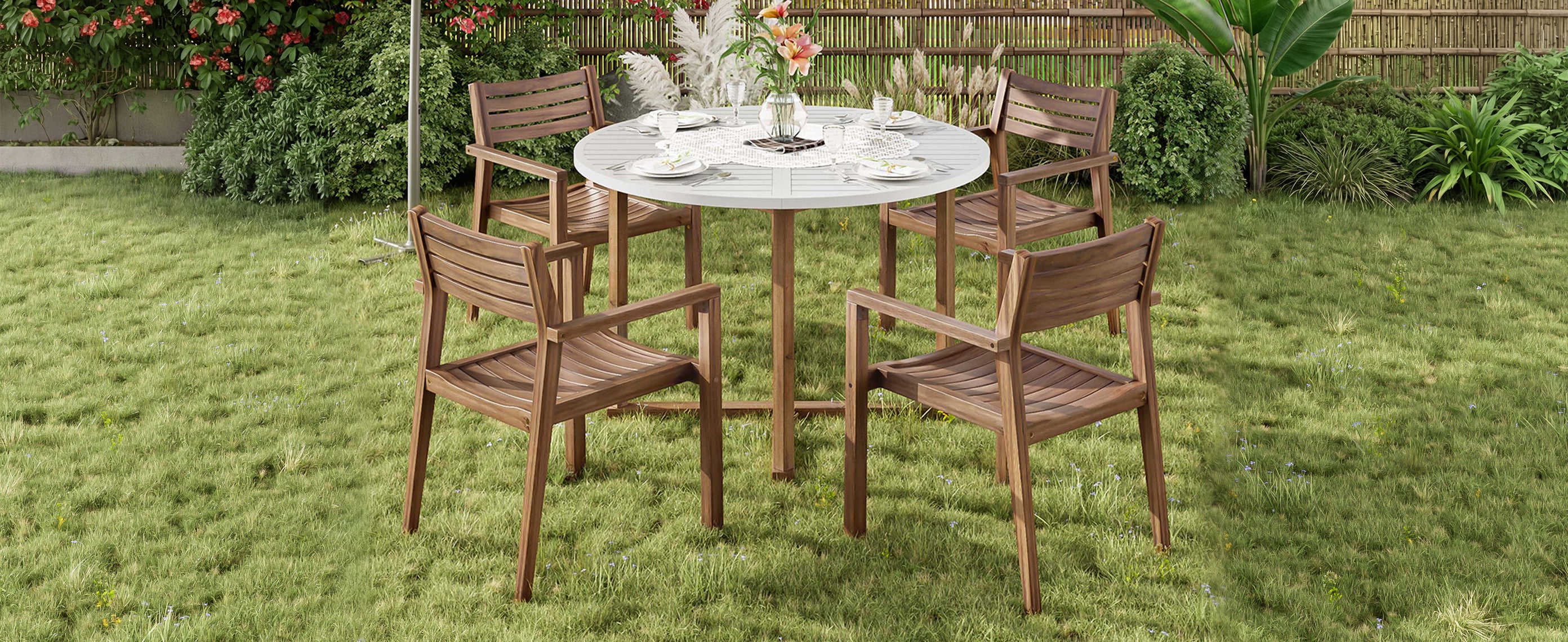 U-Style 5-Piece Outdoor Dining Set with 4 Acacia Wood Chairs