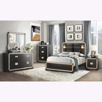 Lively Black/Gold Queen Bed with Lamps