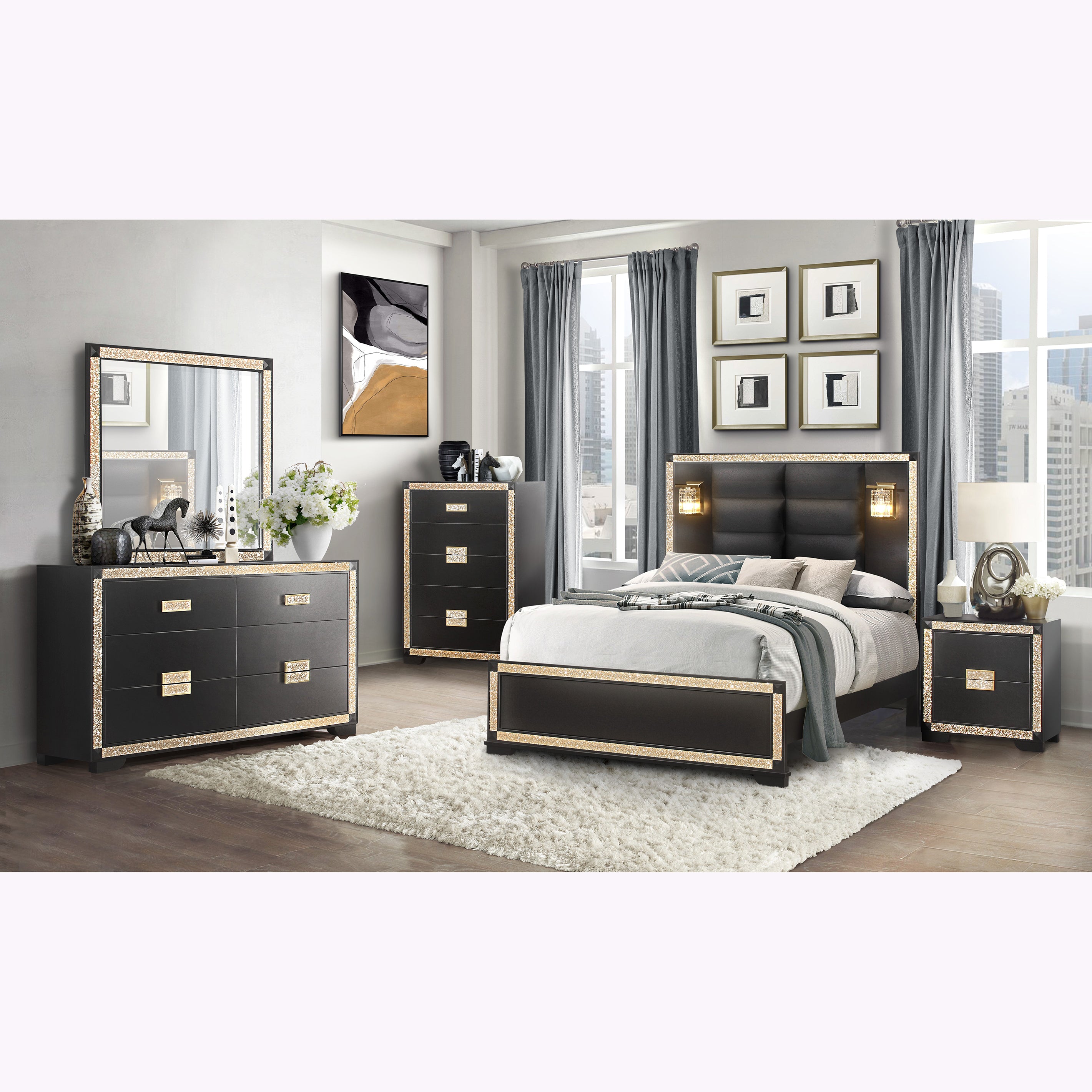Lively Black/Gold Queen Bed with Lamps