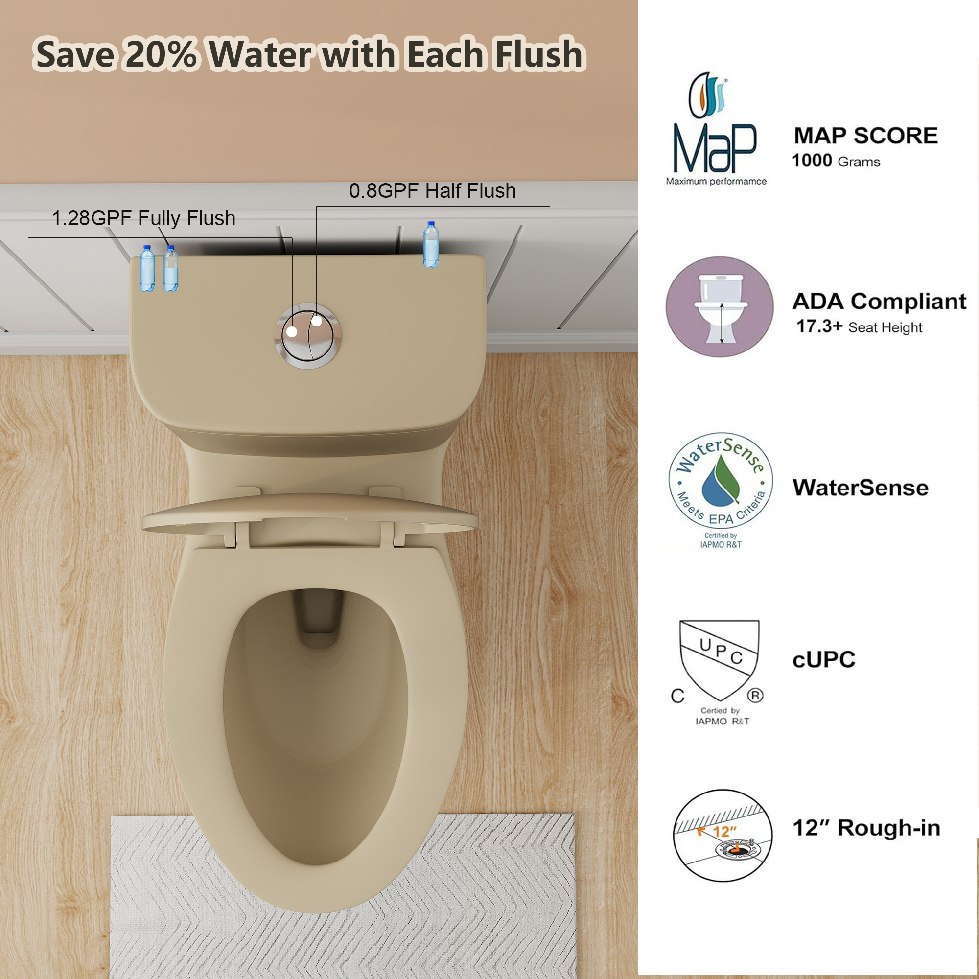 Tornado Flush One-Piece Toilet with Comfort Chair Seat - Khaki