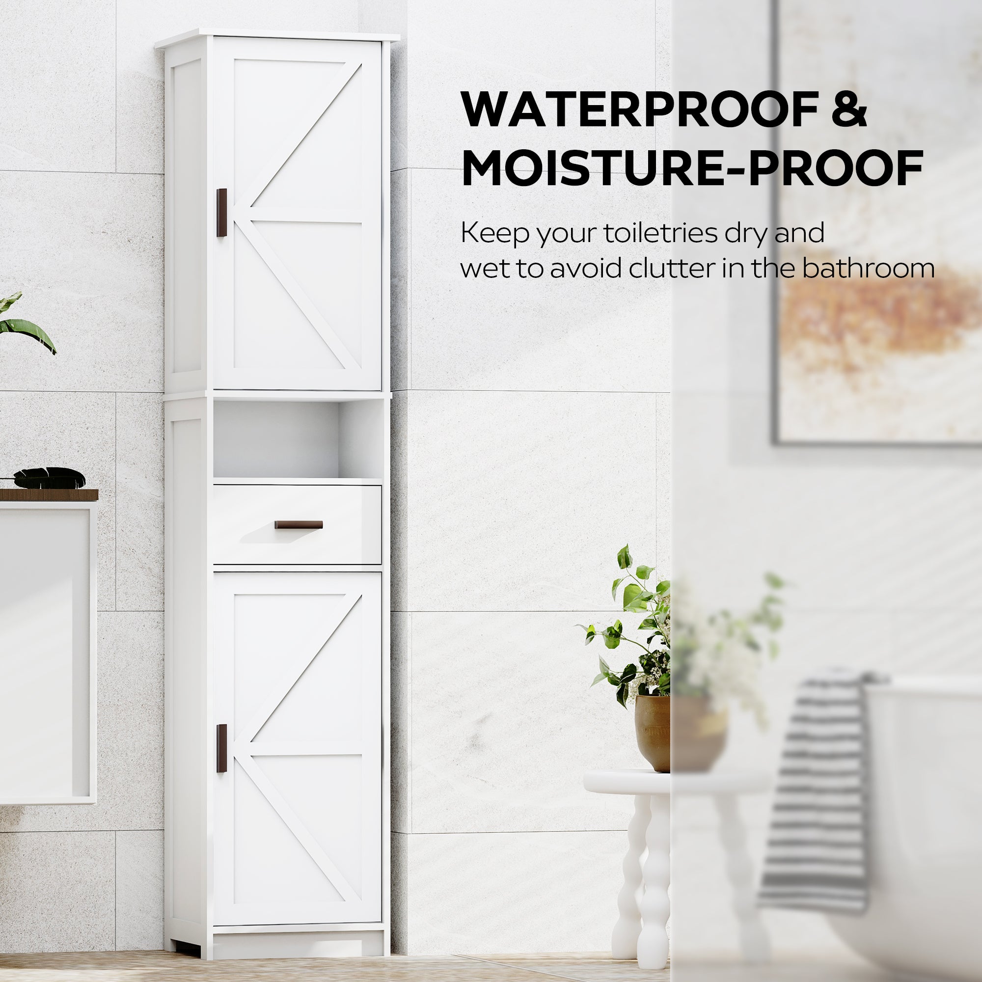 69" H Tall Bathroom Storage Cabinet with 2 Barn Doors and 1 Drawer