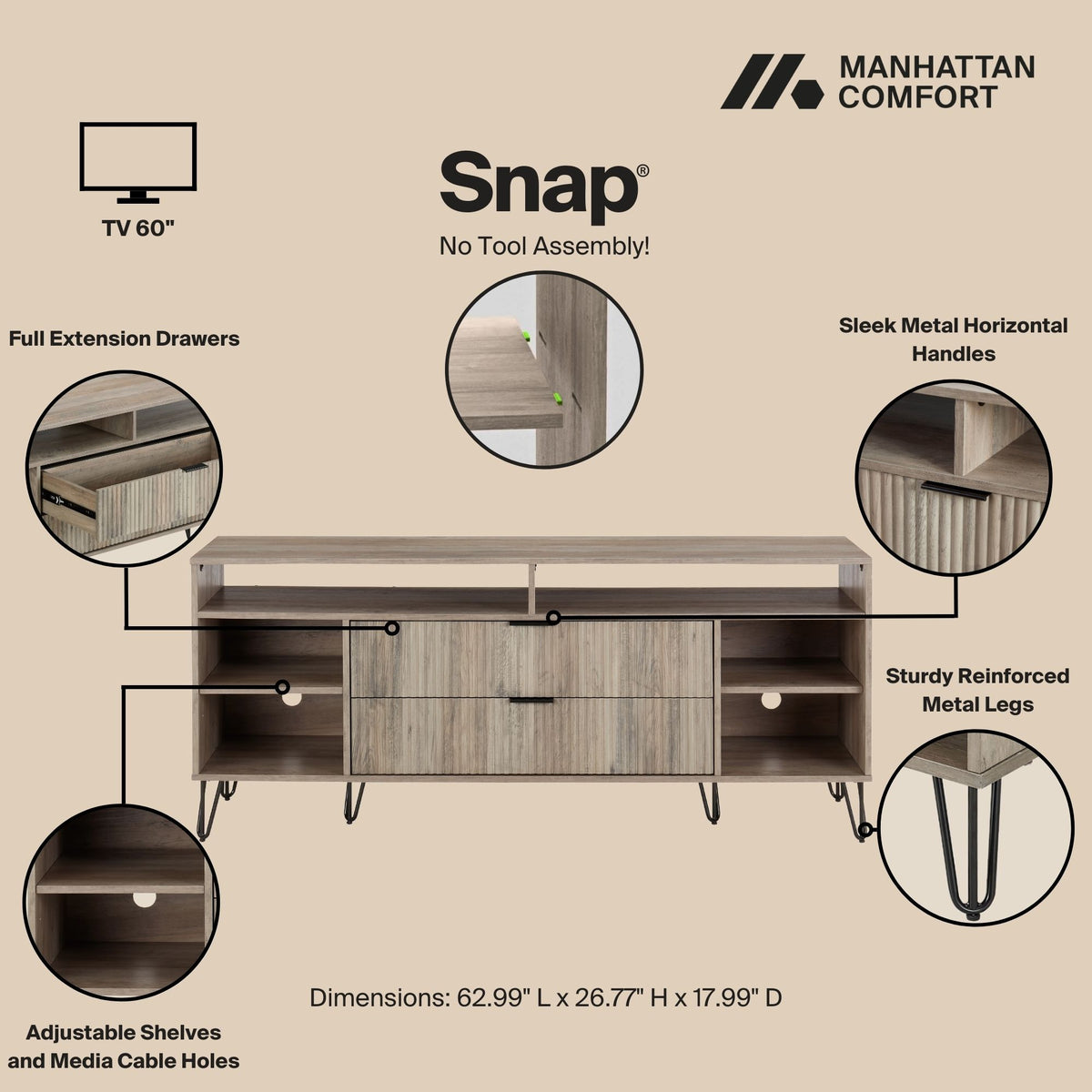Dumbo 63" Fluted TV Stand in Rustic