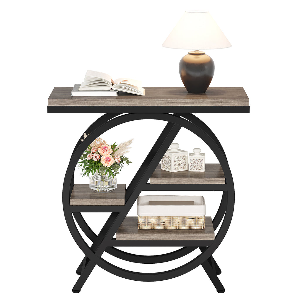 25.59" Industrial Narrow End Table with 3-Tier Storage Shelves