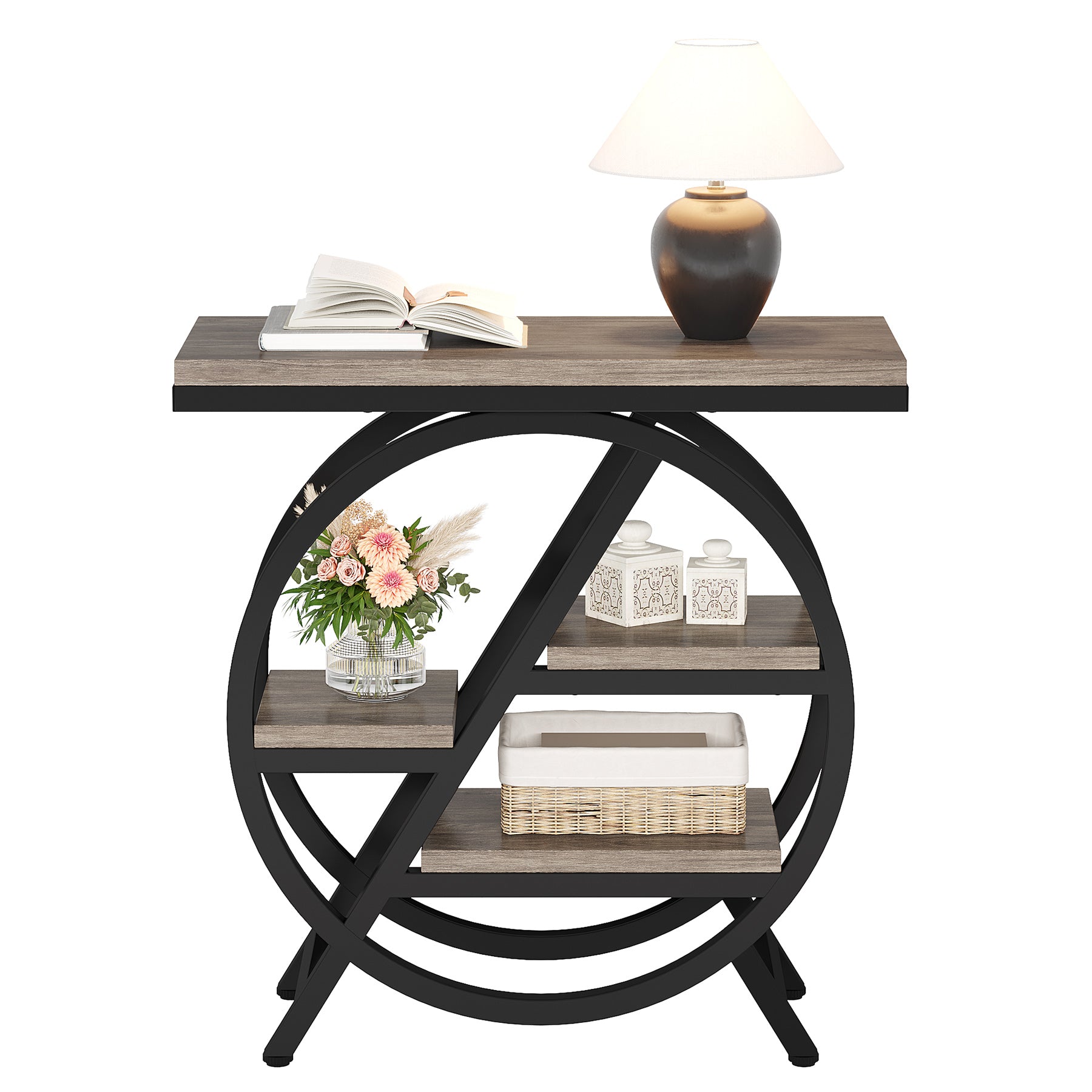 25.59" Industrial Narrow End Table with 3-Tier Storage Shelves