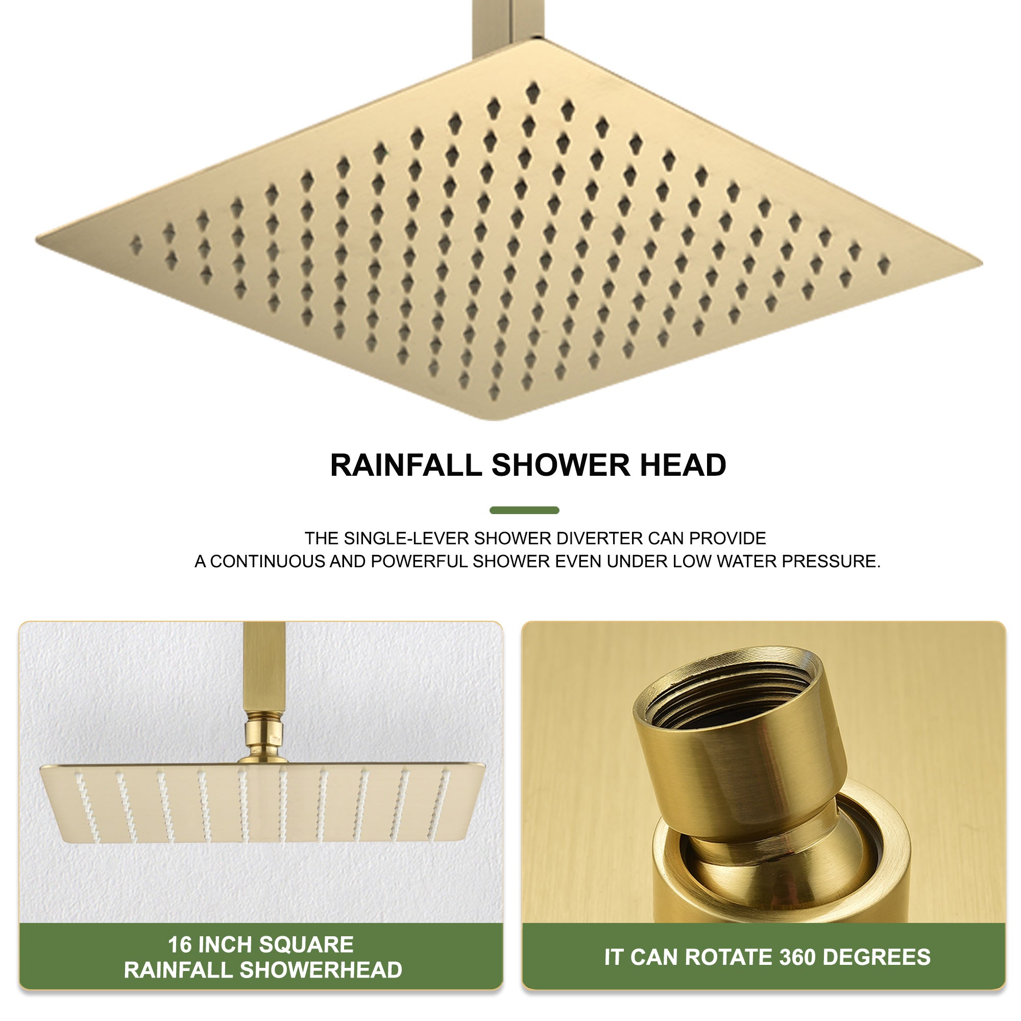 16 Inch Square Rain Shower Head Brushed