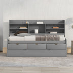 Twin Size Wooden Captain Bed with Built-in Bookshelves
