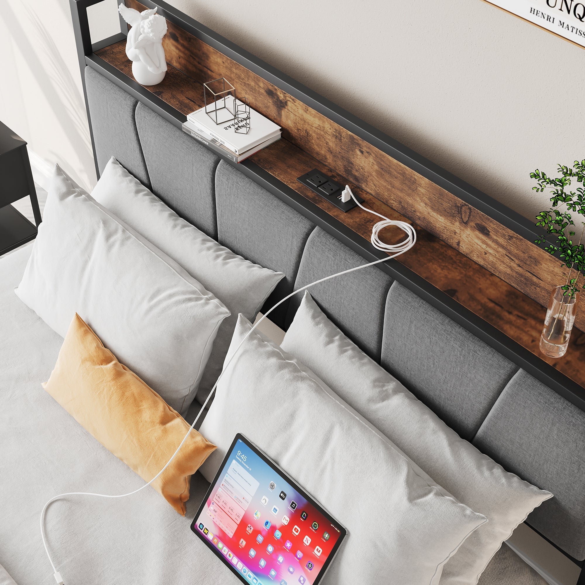 Full Size Bed Frame Storage Headboard with Charging Station