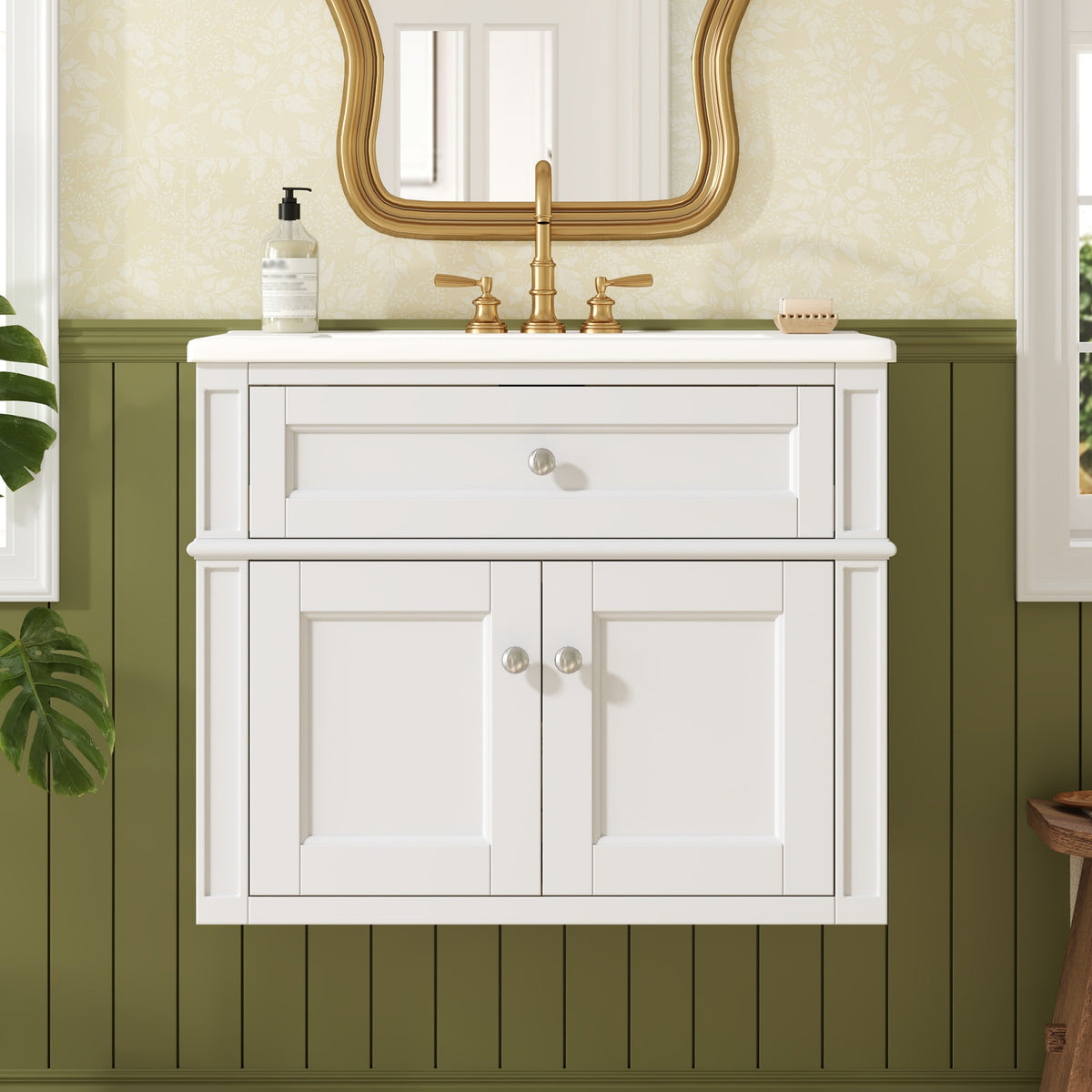 24-Inch Wall-Mounted Bathroom Vanity with Ceramic Sink and Soft-Close Doors, White