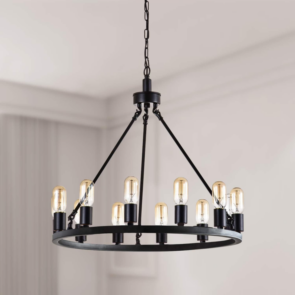 Wagon Wheel Chandelier, 24.2-Inch, 12-Light, Black Metal