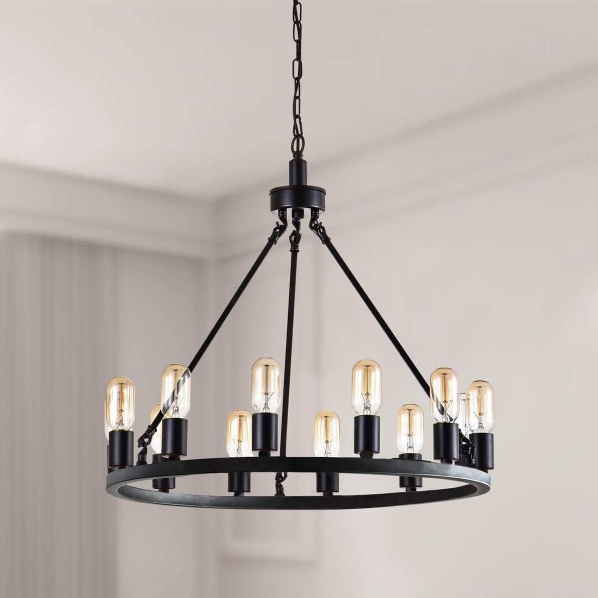 Wagon Wheel Chandelier, 24.2-Inch, 12-Light, Black Metal