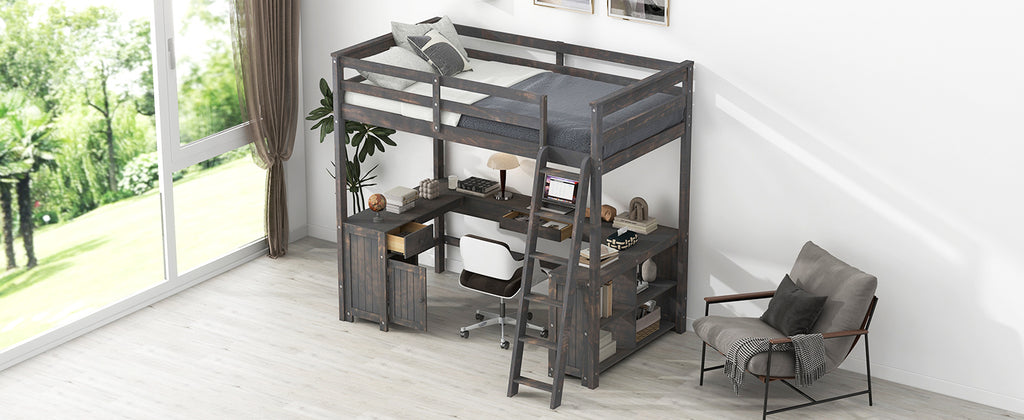 Full Size Loft Bed with U-shaped Desk, Drawers and Storage Shelves
