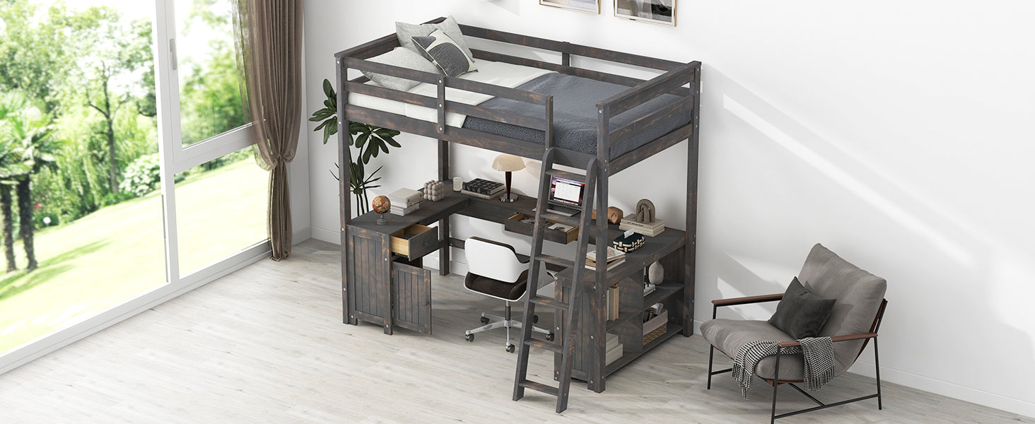 Full Size Loft Bed with U-shaped Desk, Drawers and Storage Shelves