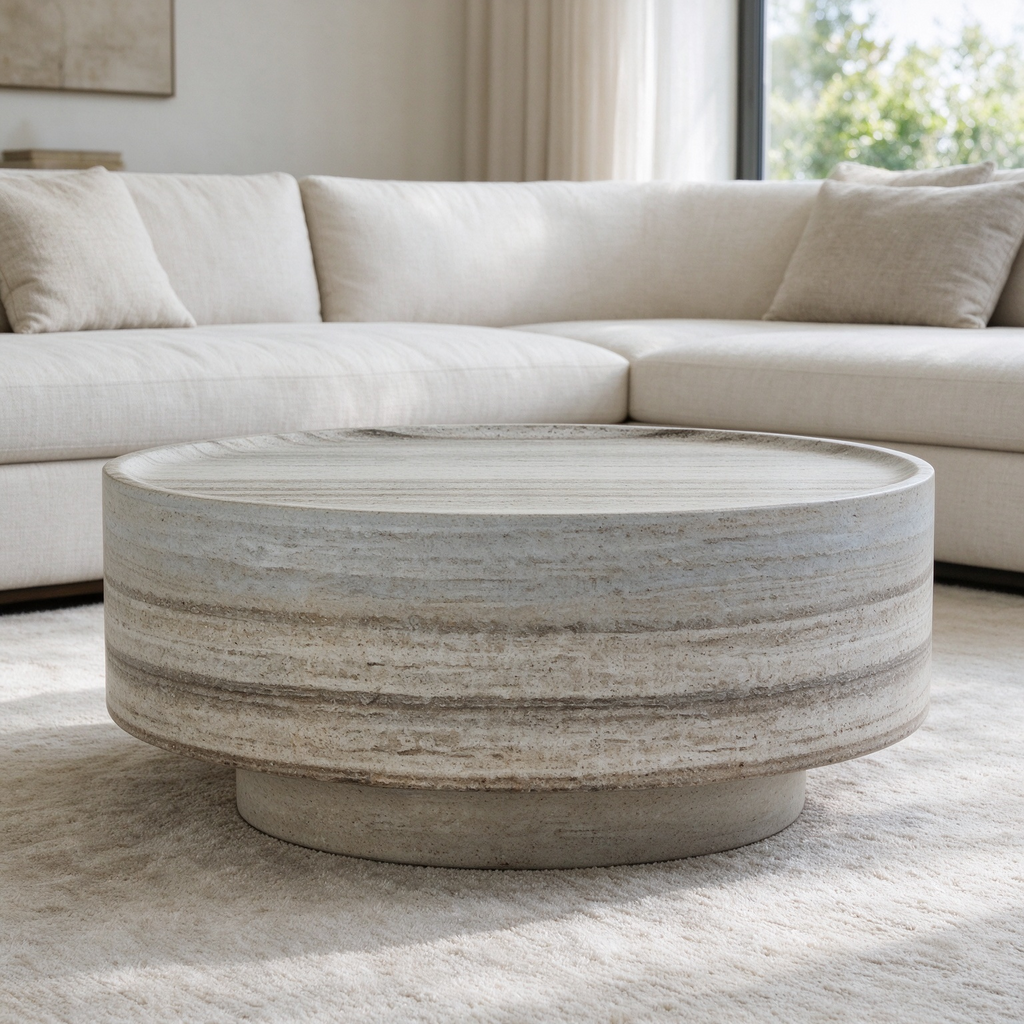 Round 31.5" Coffee Table, Light Gray Fiberglass with Stone Texture