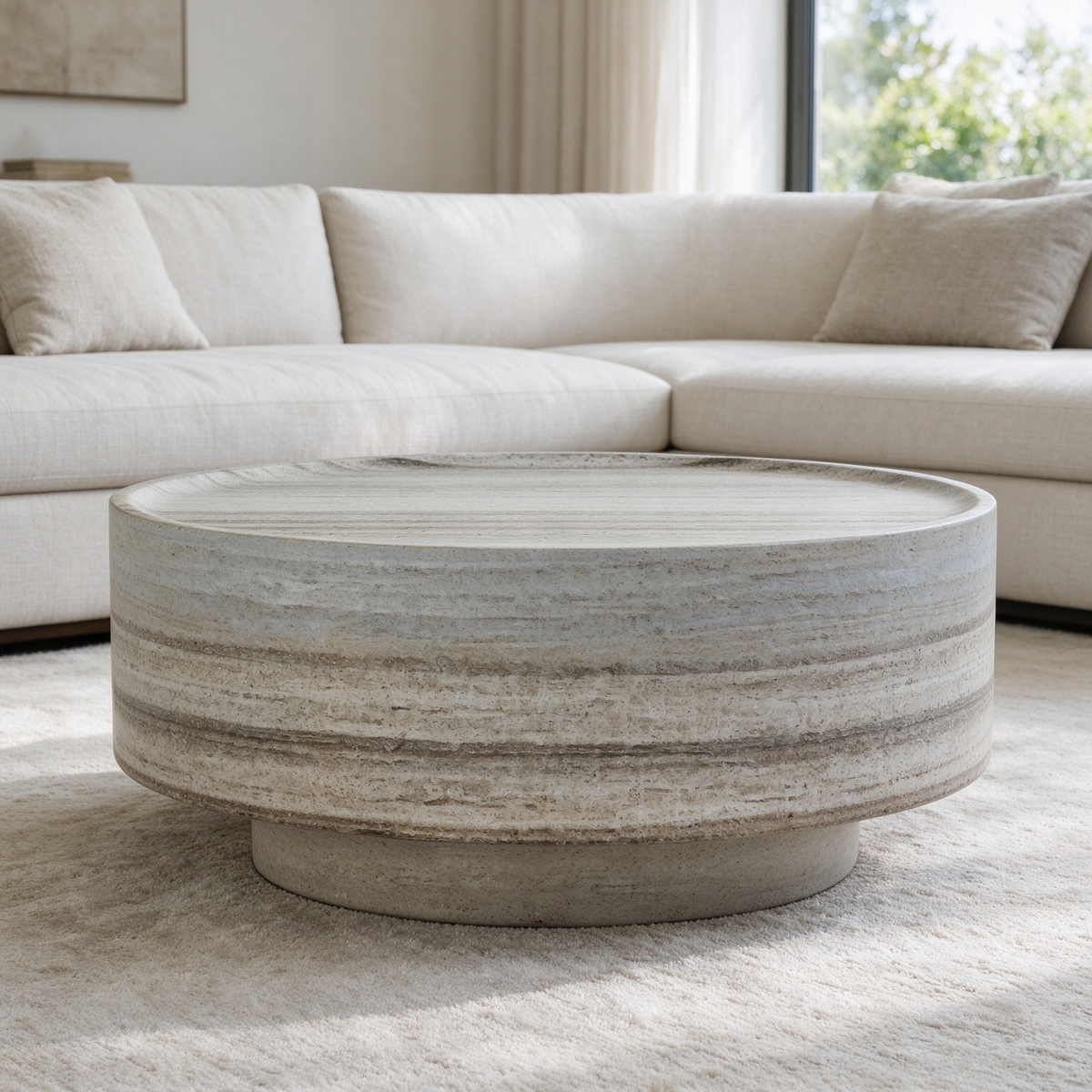 Round 31.5" Coffee Table, Light Gray Fiberglass with Stone Texture