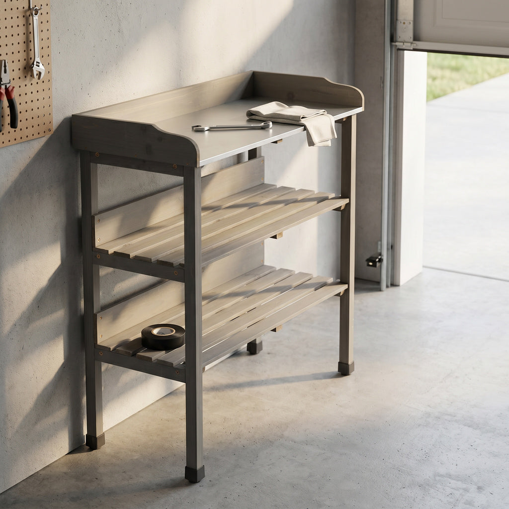 30″x14.5″×35.5″ Potting Table with Metal Tabletop