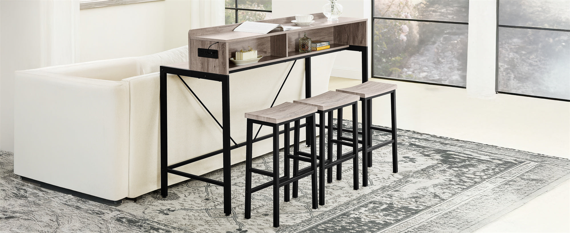 59 Inch Bar Table with Power Socket and LED Light Set