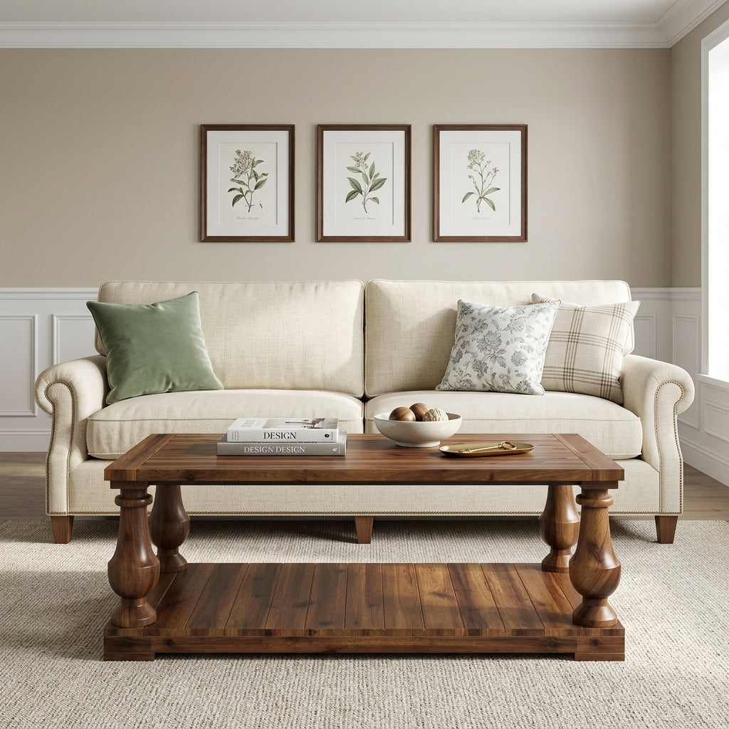 Farmhouse Coffee Table with Storage Shelf, Solid Pine Wood, Walnut