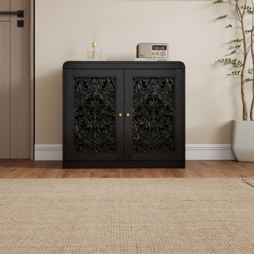 Black Hollow‑Carved Cat Litter Box Enclosure Cabinet, Multi‑Purpose Sideboard with Vent & Large Cat Entry for Living Room & Entryway. Note: Litter box and cat mat not included.