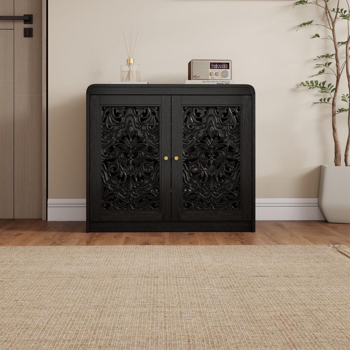 Black Hollow‑Carved Cat Litter Box Enclosure Cabinet, Multi‑Purpose Sideboard with Vent & Large Cat Entry for Living Room & Entryway. Note: Litter box and cat mat not included.
