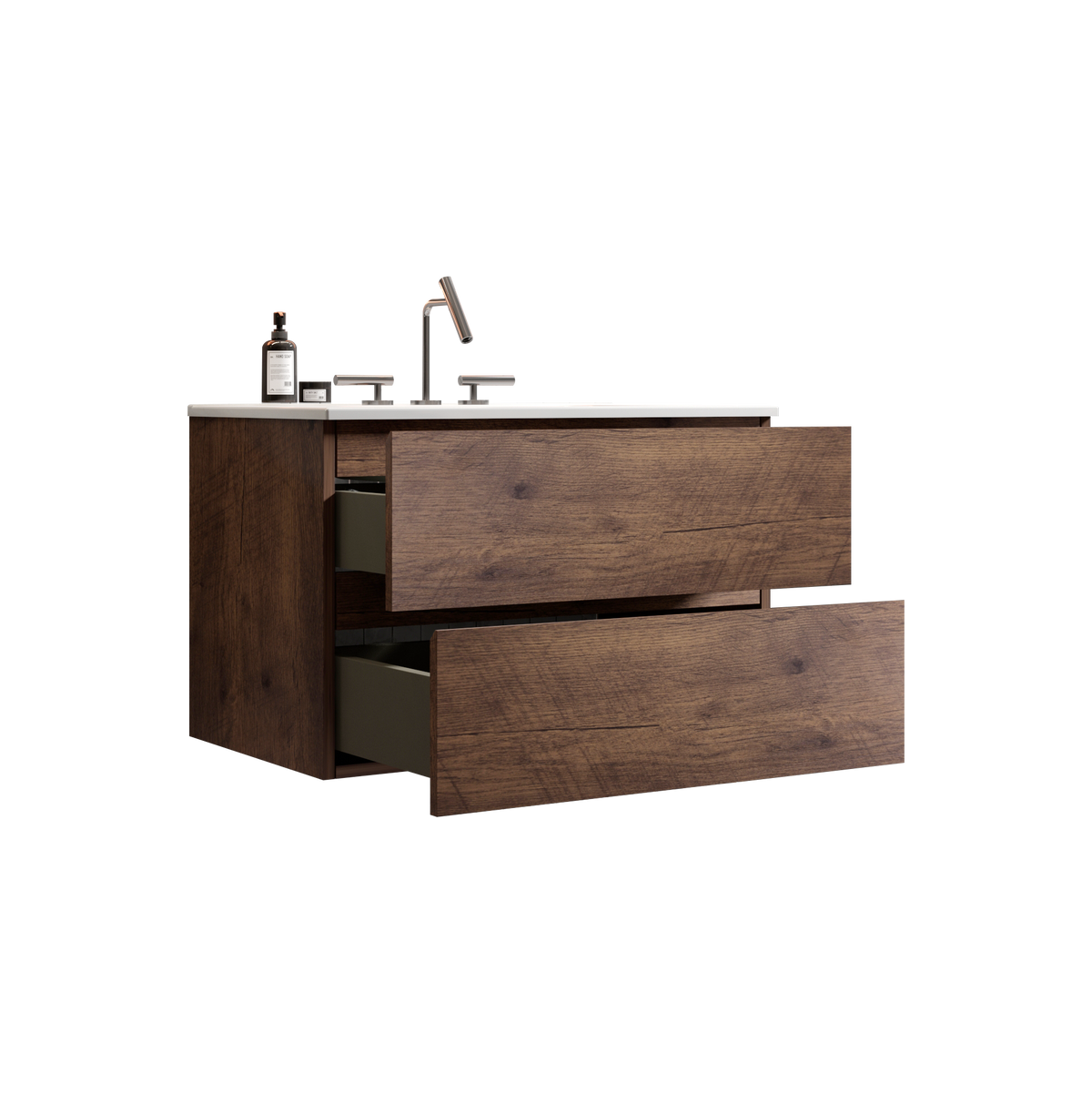Wall Mount 30-Inch Bathroom Vanity, Walnut with Ceramic Sink