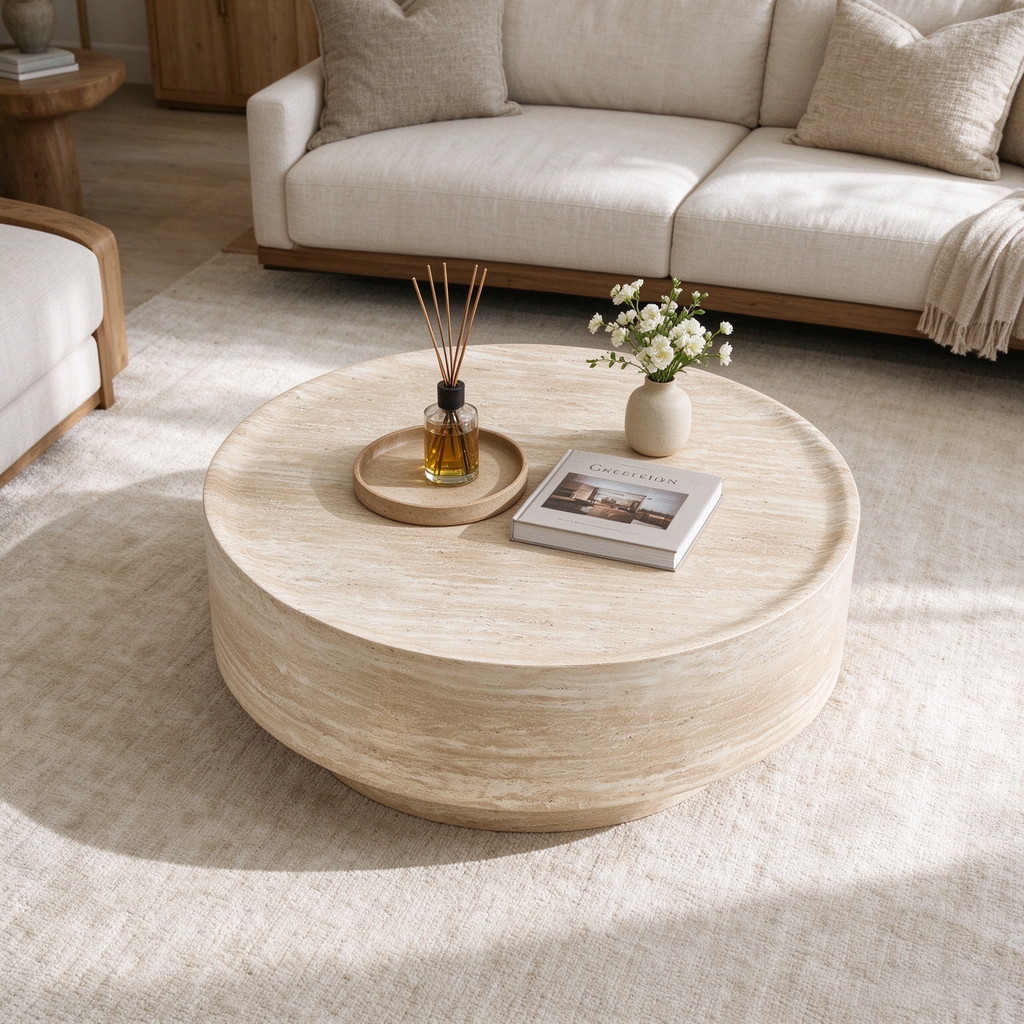 Round Travertine-Look Coffee Table, 31.5-Inch, Beige Yellow Fiberglass