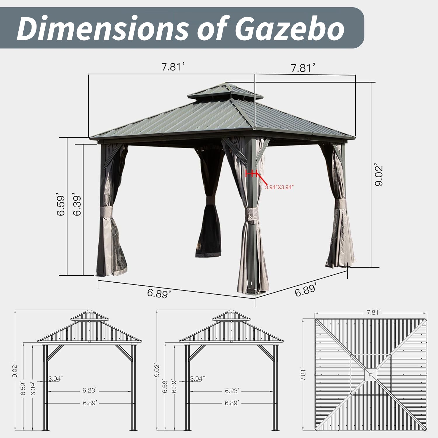 8' X 8' Hardtop Gazebo with Canopy and Netting