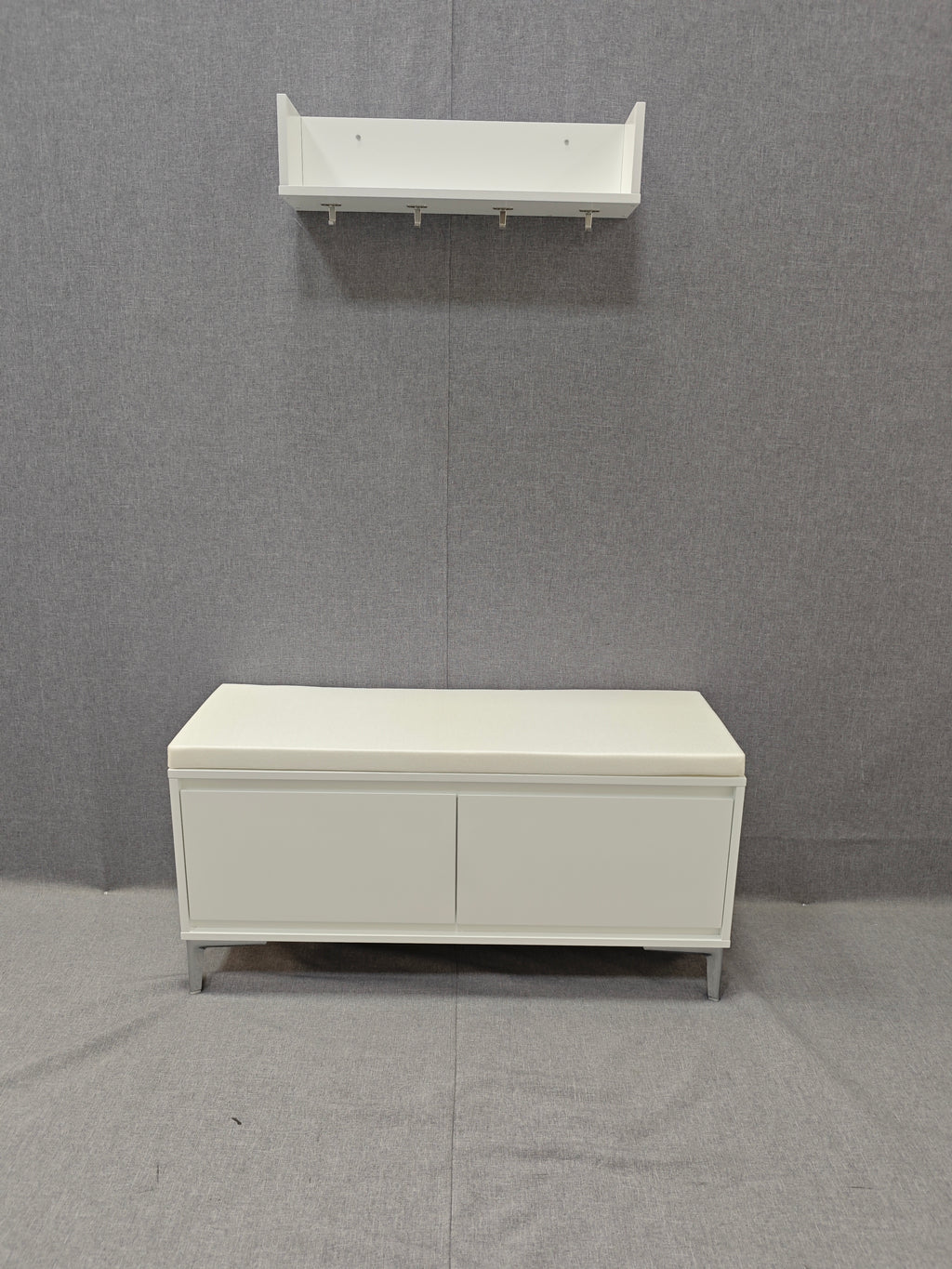 Wall-Mounted Entryway Shelf with Hooks and Storage Bench Set