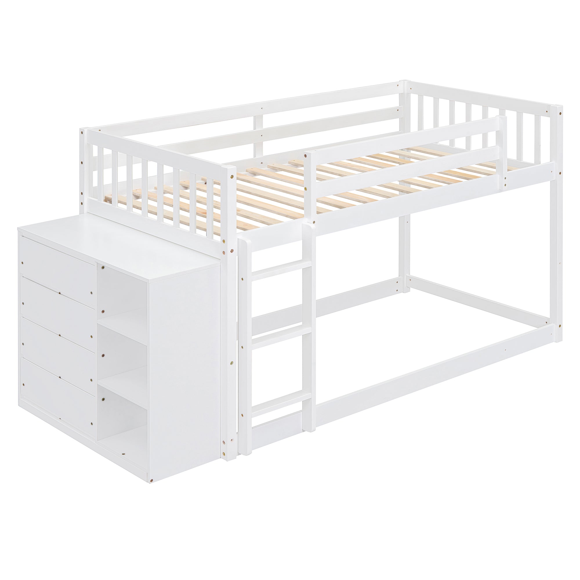 Twin Over Twin Bunk Bed with 4 Drawers and 3 Shelves - White