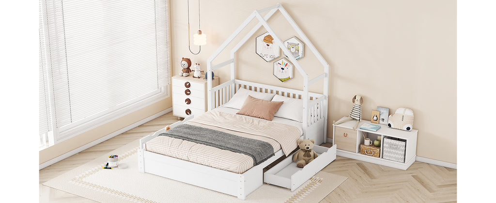 Wood Queen Size House Platform Bed with Guardrail and 2 Drawers