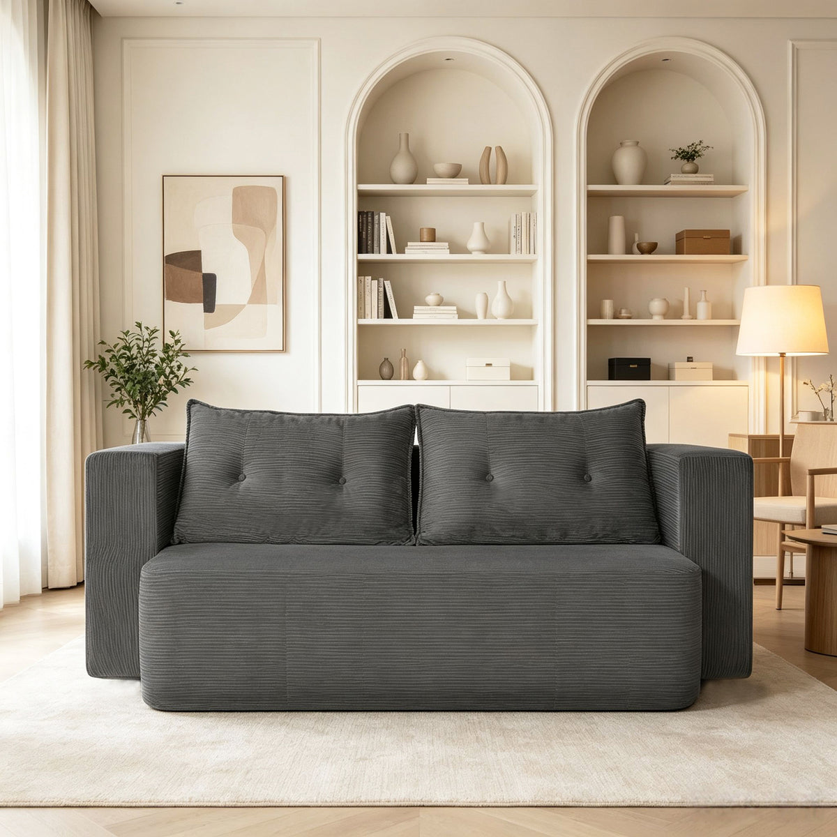 Modern Corduroy Floor Convertible Sofa Bed Folding Sleeper Couch with High-Density Foam Mattress No Assembly Require for Living Room & Small Apartments