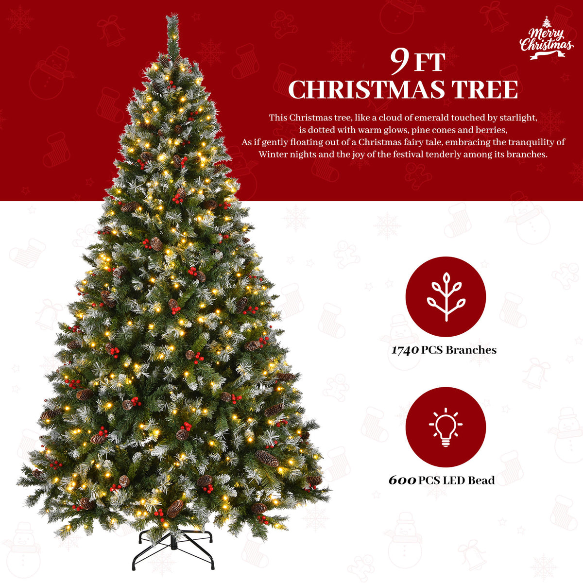 9-Foot Pre-Lit Pre-Decorated Pine Artificial Christmas Tree with Frosted Tips and Pine Cones, Green