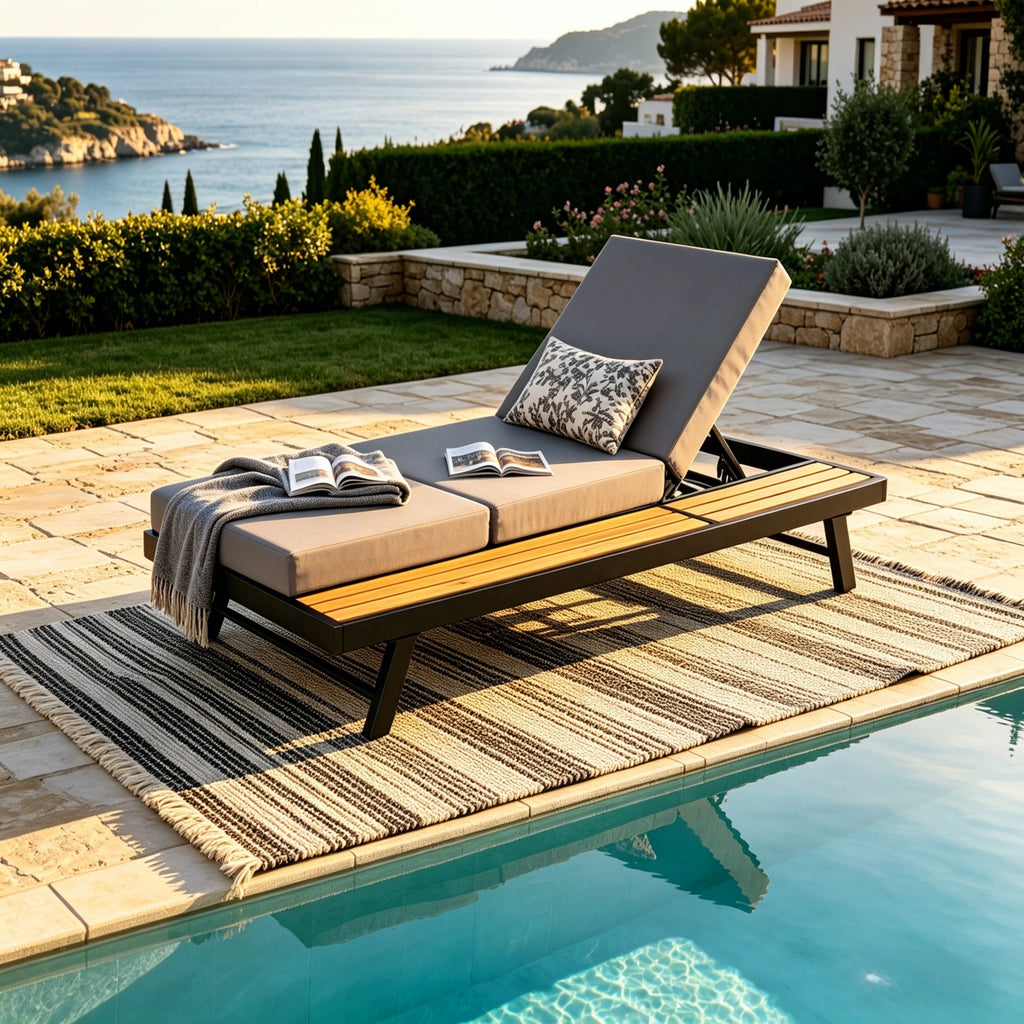 Black Iron + Teak Finish Chaise Lounge Set with Dark Grey Cushion