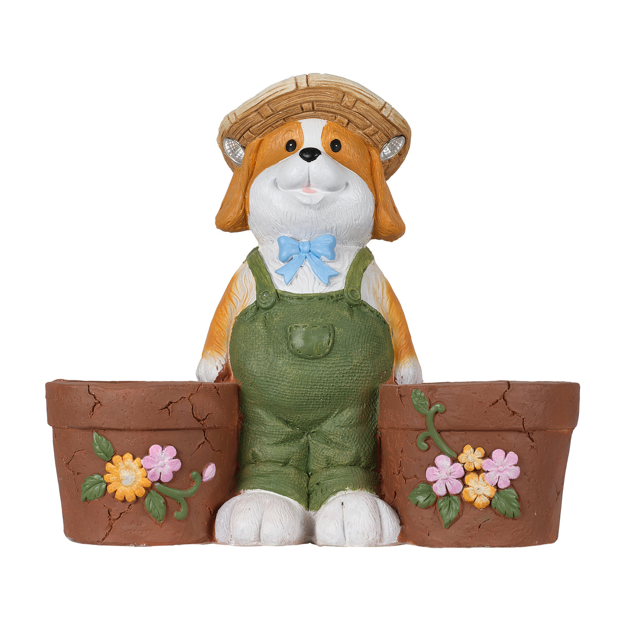 Magnesium Oxide Dog Statue Planter with Solar LED Lights in Ears, Dual Flower Pots Garden Decor, 21", for Patio & Doorway