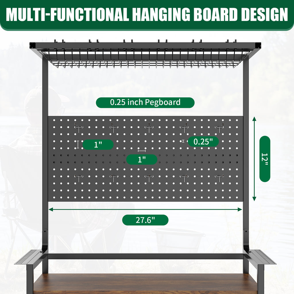 Fishing Rod Storage Rack with Pegboard and Lockable Wheels