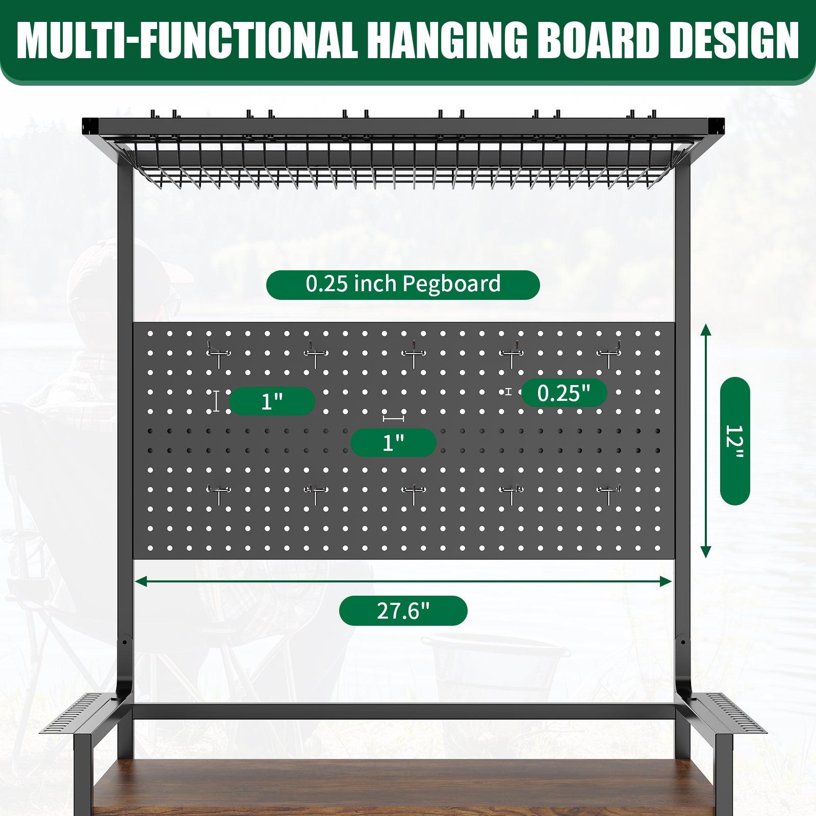Fishing Rod Storage Rack with Pegboard and Lockable Wheels