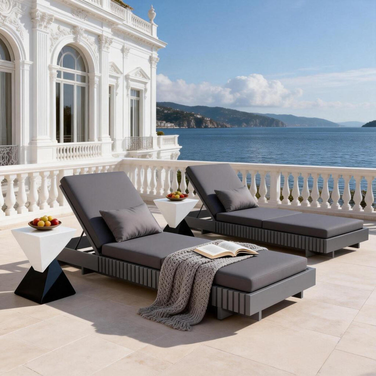 Dark Grey Acacia Wood Outdoor Chaise Lounge with 3-Fold Cushion