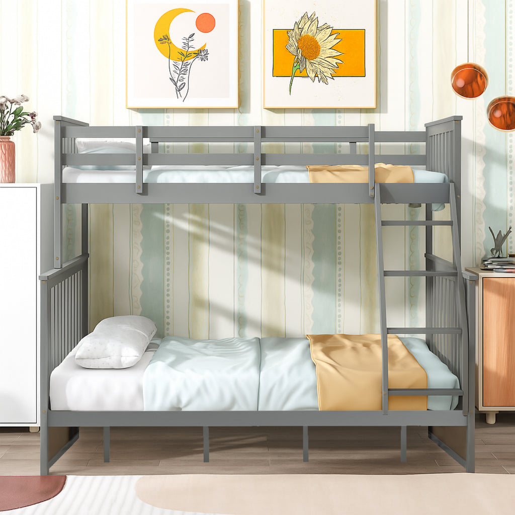 Twin Over Full Bunk Bed, Wooden Bunk Bed with Ladder and Safety Guard Rails – Gray