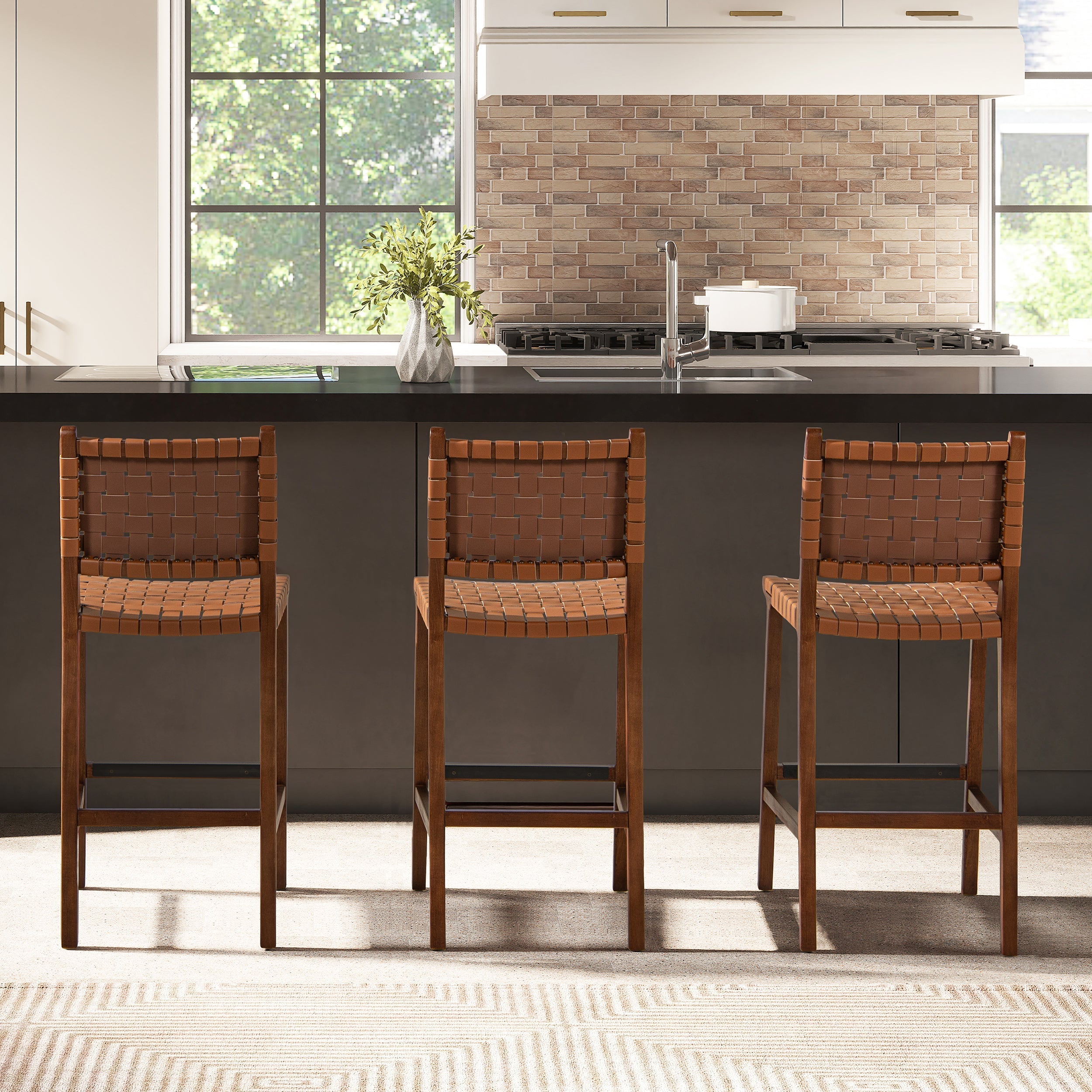 Andre 26' Woven Leather Counter Stool with Back, Pecan Brown Faux Leather