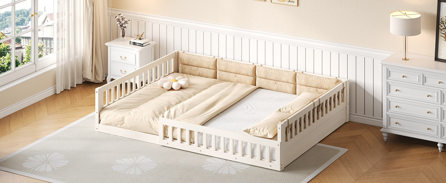 Wood Full Size Upholstered Platform Bed with Guardrail and Pillow