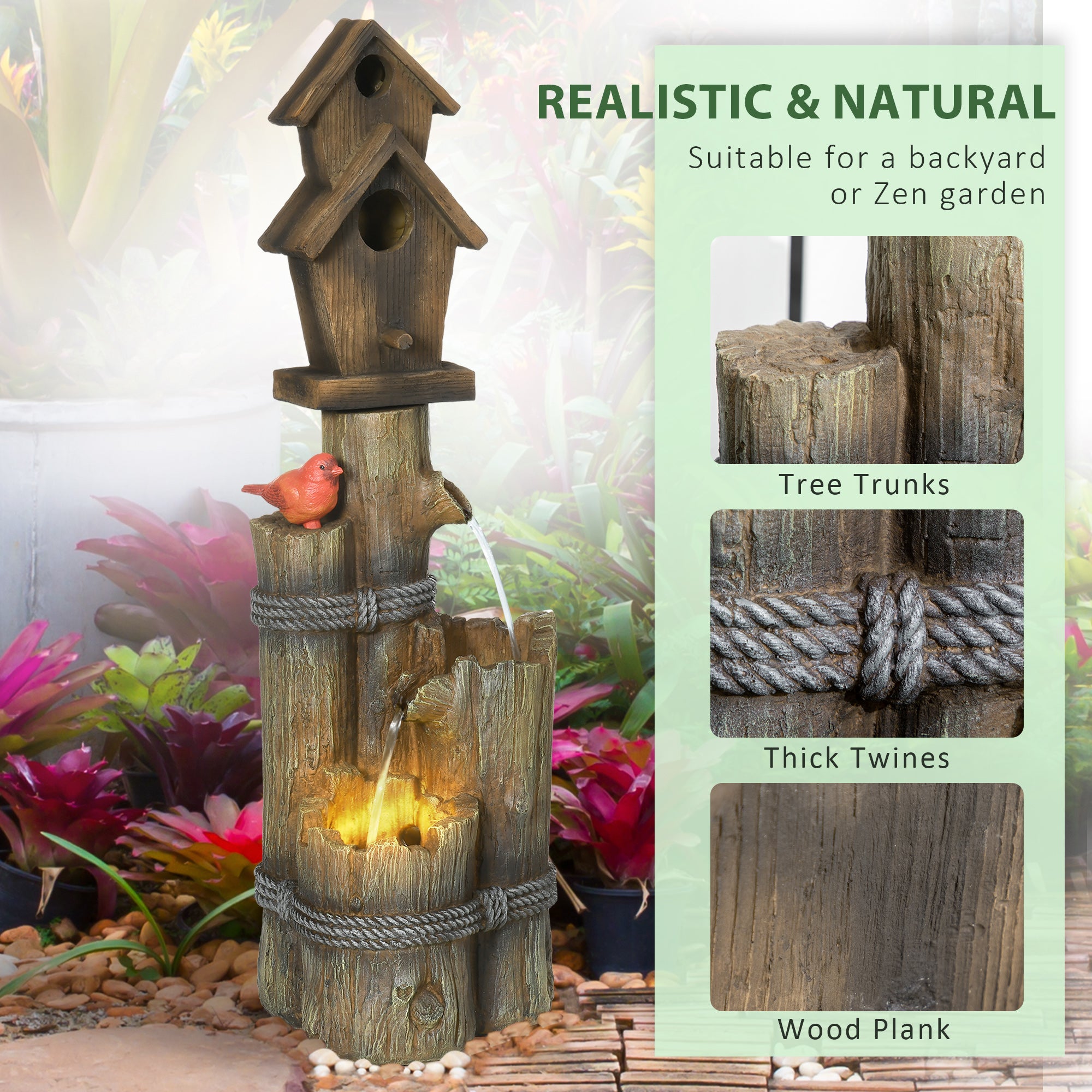 Outsunny Outdoor Fountain with Birdhouse and LED Lights