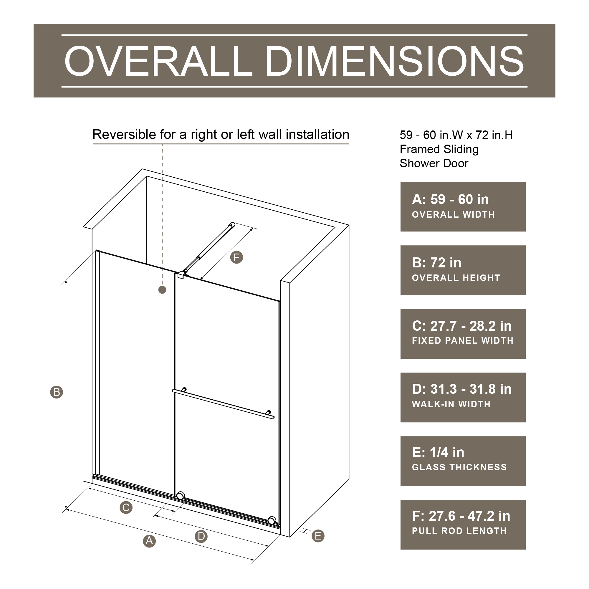 Glass Shower Door, 30 - 60 in.W x 72 in.H