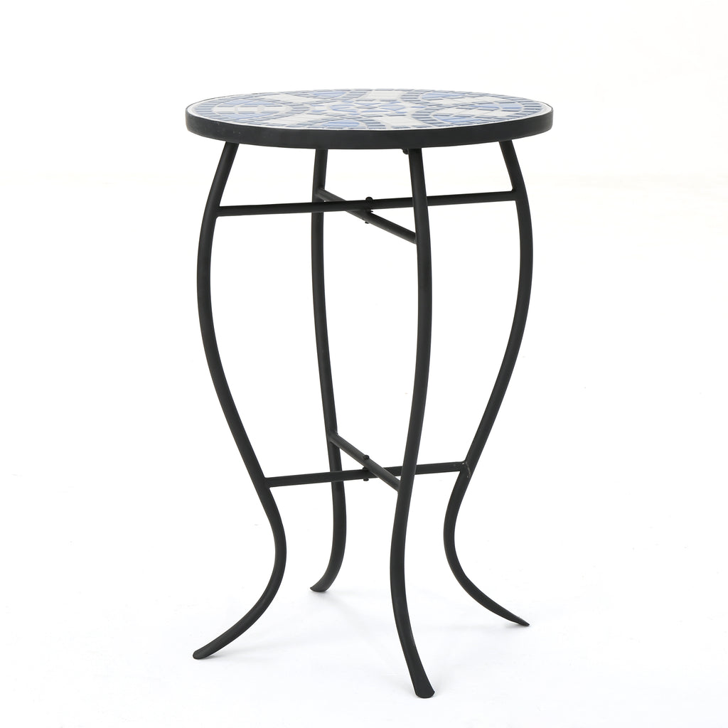 Outdoor Round Side Table with Mosaic-Style Top and Curved Iron Legs
