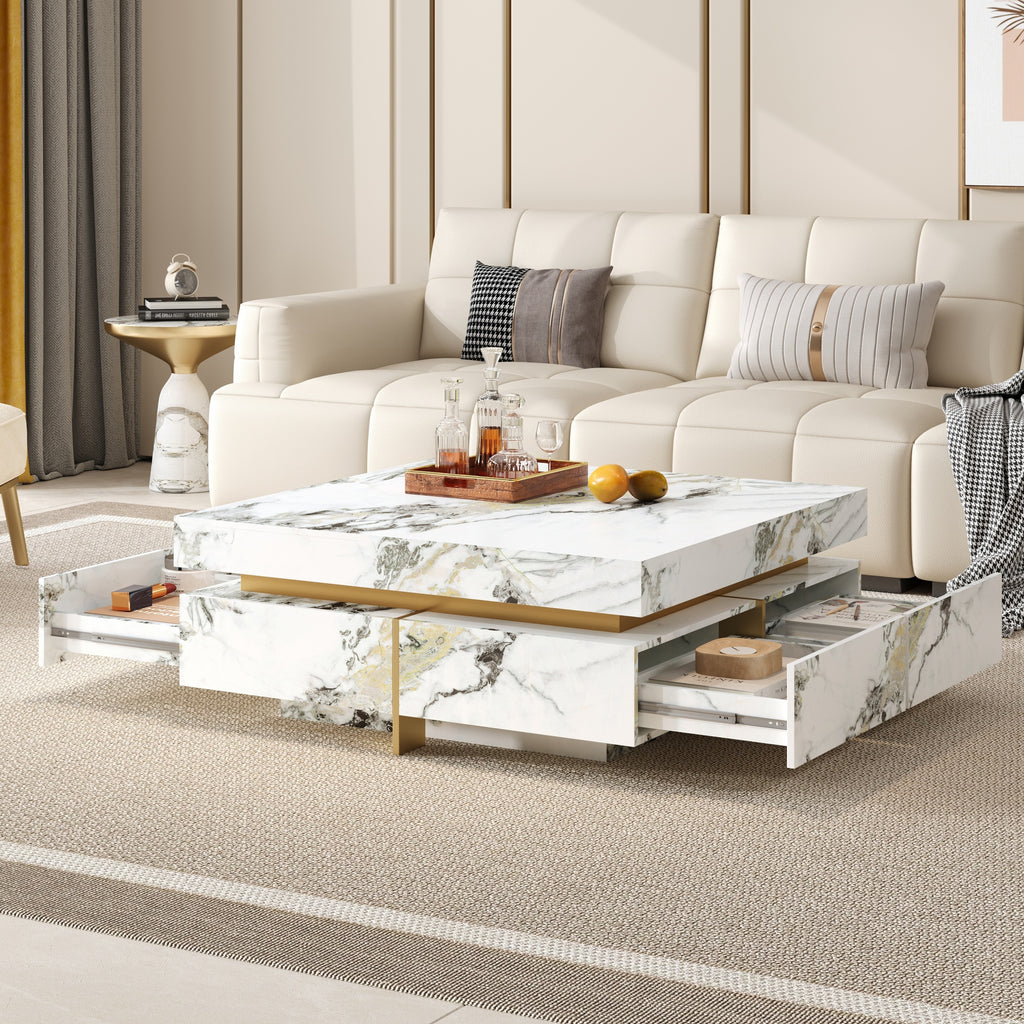 Modern Square Marble Textured Coffee Table with 4 Drawers