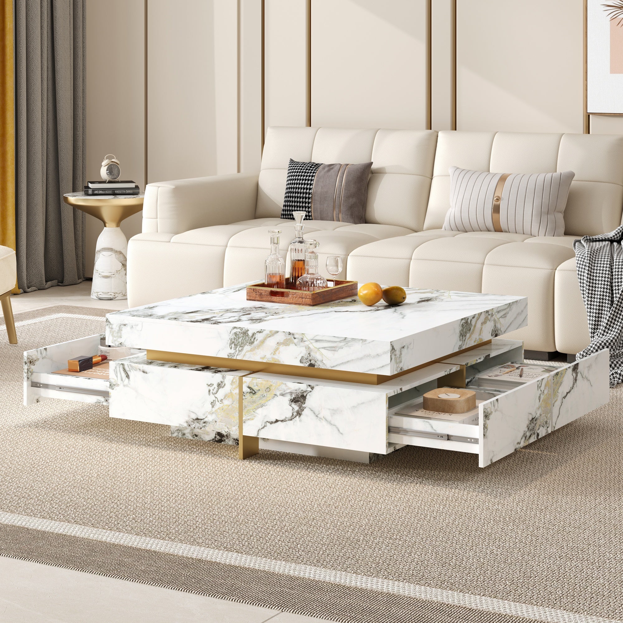 Modern Square Marble Textured Coffee Table with 4 Drawers