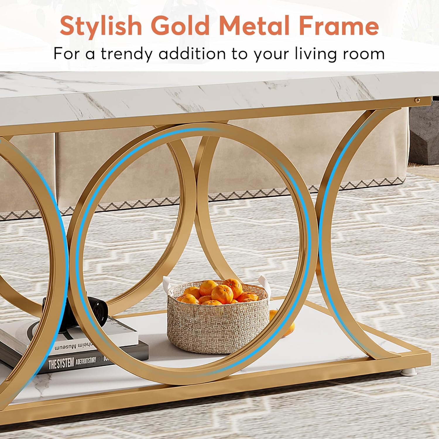 47.24-inch Modern Rectangle Coffee Table in White & Gold