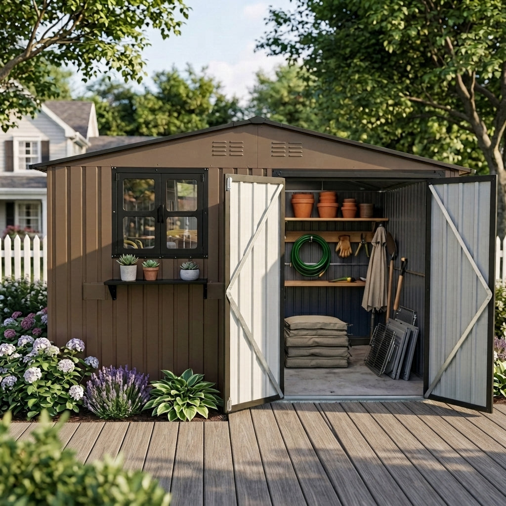 10x8 FT Outdoor Metal Storage Shed with Window & Flower Rack