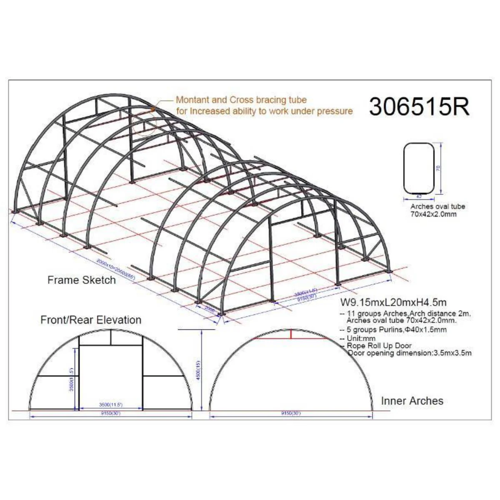 Single Truss Arch Storage Shelter W30'xL65'xH15' 11oz PE