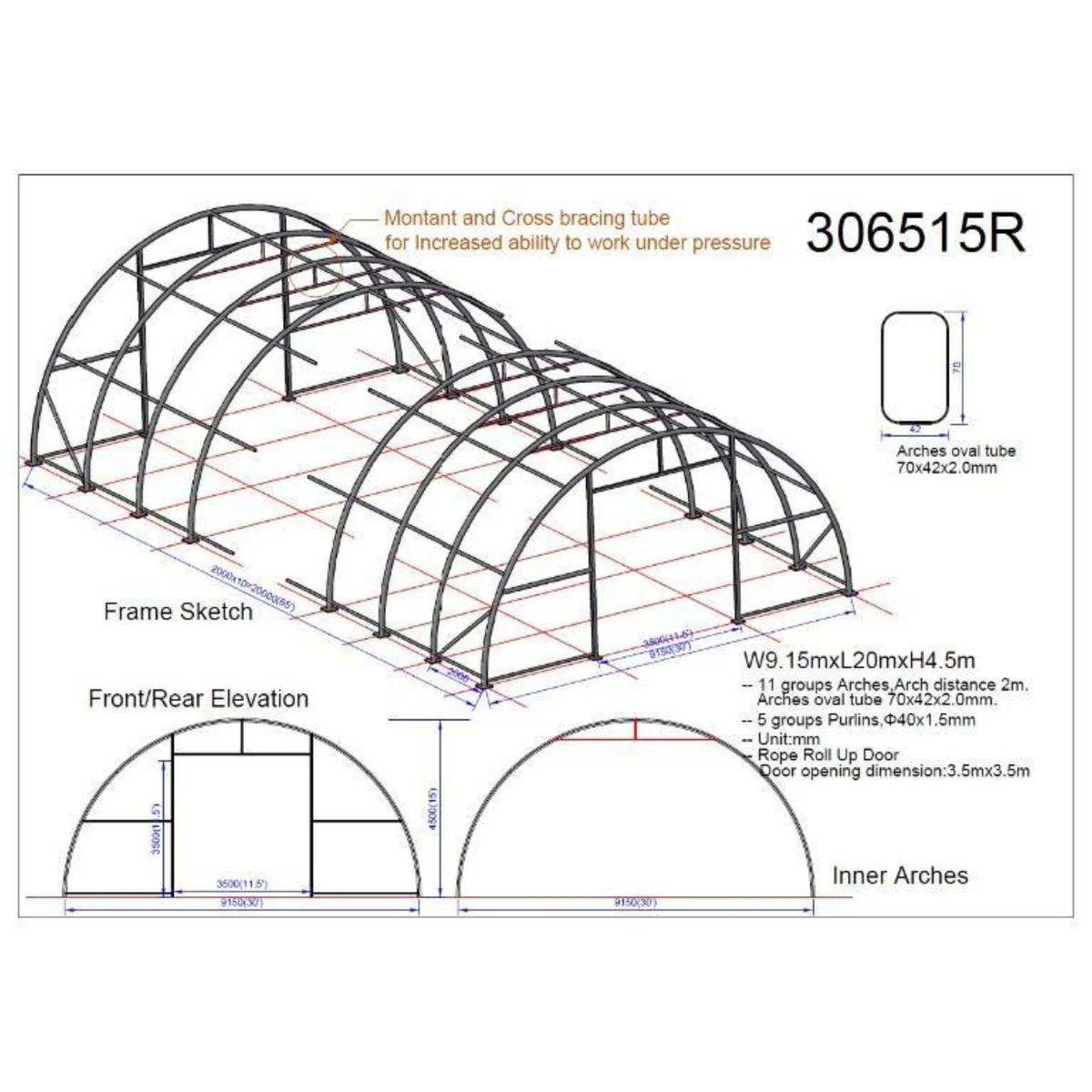 Single Truss Arch Storage Shelter W30'xL65'xH15' 11oz PE