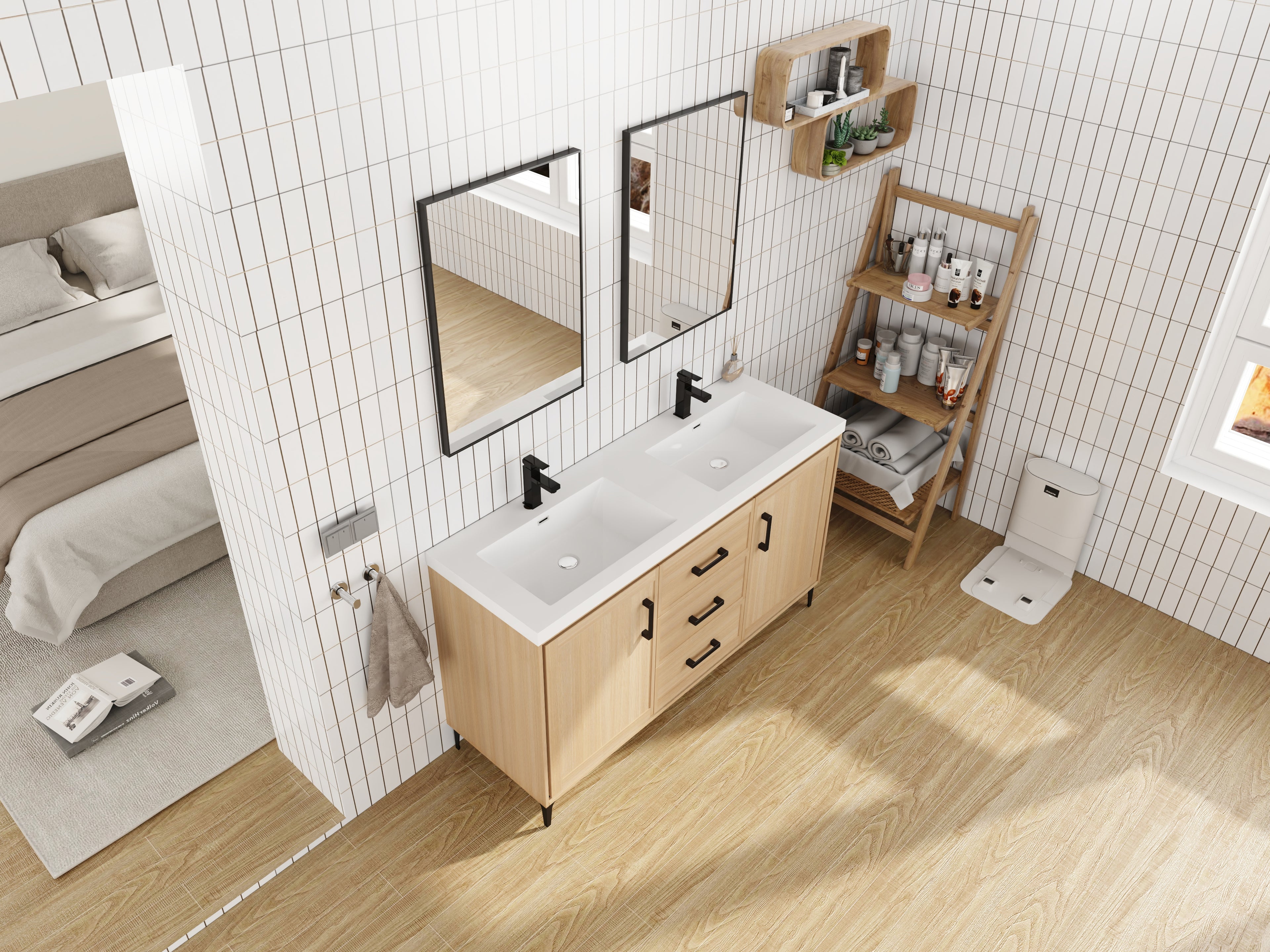 60" Freestanding Bathroom Vanity with Double Resin Sink