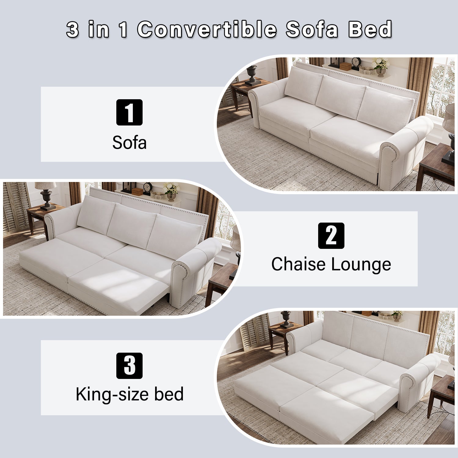Chesterfield 3-in-1 Velvet Convertible Sleeper Sofa